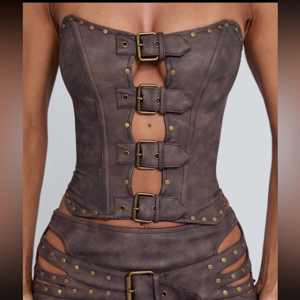 Brown Strapless Buckle Crop Top